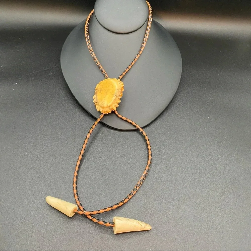 Vintage Bolo Neck Tie with Braided Leather Cord and Carved Horn
